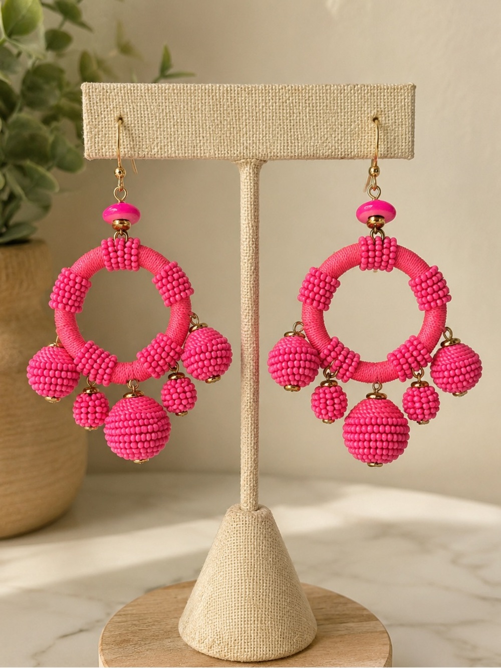 Zara Hot Pink Beaded Hoop Drop Earrings